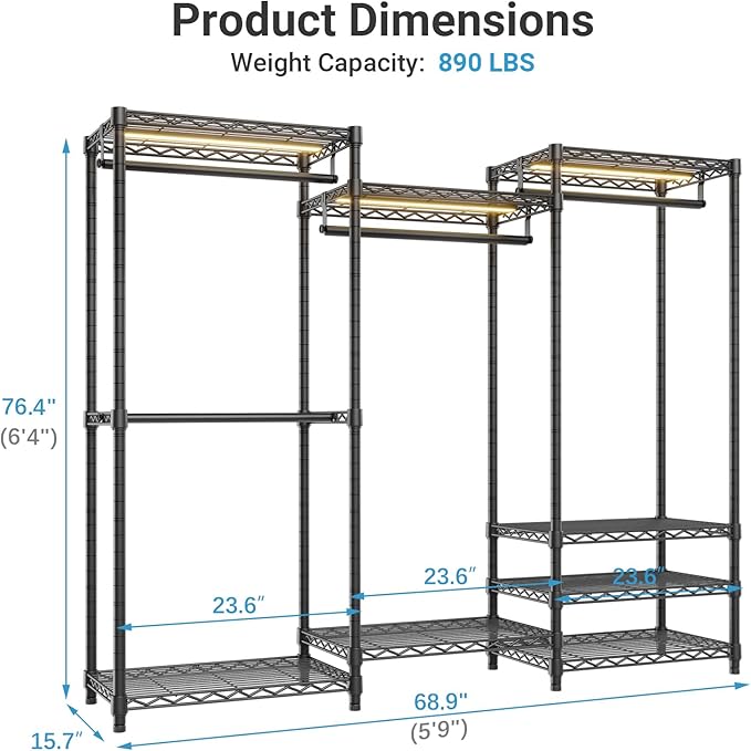 VIPEK V5L Garment Rack Heavy Duty Clothes Racks with Dimmable LED Light, 3000K Warm White, Portable Closet Wardrobe Freestanding Metal Clothing Racks for Hanging Clothes, Max Load 890lbs, Black