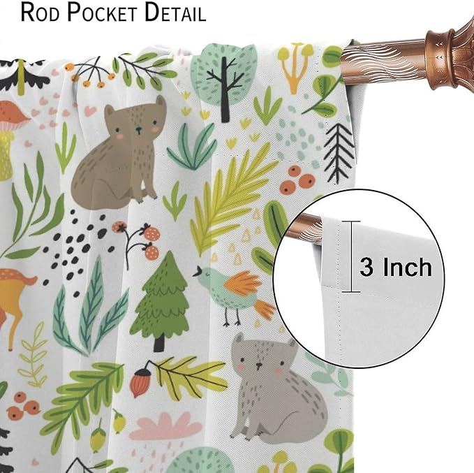 Cartoon Forest Kids Blackout Curtains,Cute Woodland Wild Animals Colorful Deer Plants Trees Print Pattern Thermal Insulation Window Drapes for Nursery Boys Girls Bedroom,White Background 84x84in