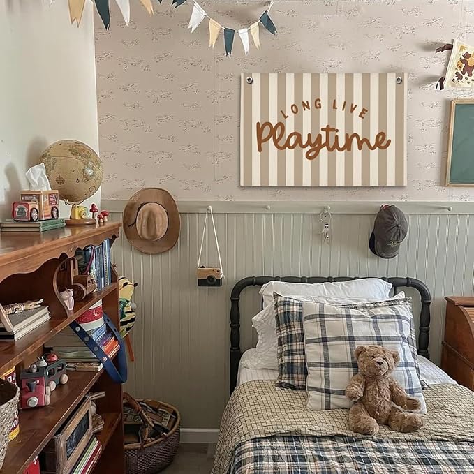 Playroom Decor, Long Live Playtime Wall Hanging Linen Banner, Blue Striped Wall Flag for Kids Room Nursery Playroom Decor, 20x30 Inch-Brown