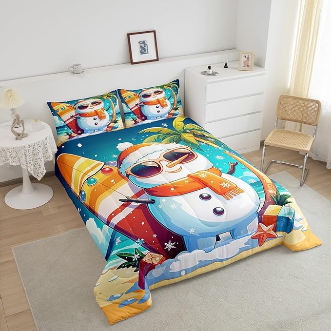 Manfei Cute Snowman Comforter Set Twin Size, Christmas Theme Bedding Set for Kids Boys Girls, Beach Surfboard Palm Tree Down Comforter for All Season, Lightweight Duvet Insert, 1 Pillowcase