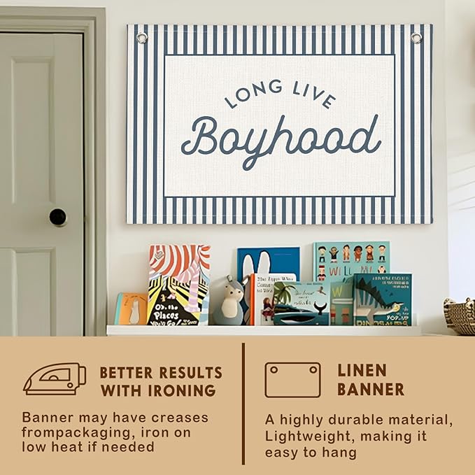 Lacama Vintage Blue Long Live Boyhood Boys Room Decor, Boy Nursery Decor, Linen Banner Wall Hanging Canvas Banner Flag Decor for Toddler Boy Room Nursery 30x20 Inch