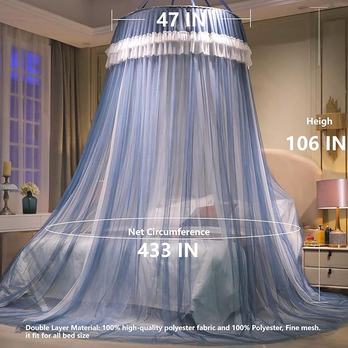 AIKASY Girls and Adults Canopy Bed, Elegant Double-Layer Bed Curtain, Children's Dream Round Lace Mosquito Net, Princess Canopy Net - Fits Twin, Full, Queen, and King Beds (White/Blue)