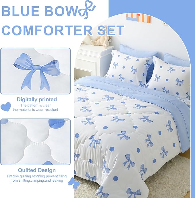 Wajade 7 Piece Blue Bow Comforter Set for Girls Kids Queen Size Bedding Set with Sheet and 2 Pillowcases 2 Pillow Shams Cute Girls Bed in a Bag as Birthday Choice