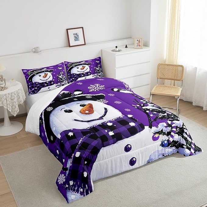 Feelyou Kids Christmas Theme Decorations Bedding Set Xmas Snowman Comforter Set for Boys Girls Snowflake Kawaii Cute Comforter Purple Quilt Set Bedroom Collection Toddler Size