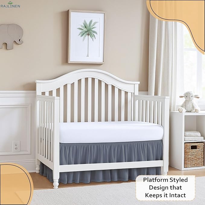 Rajlinen Ruffled Crib Bed Skirt, Microfiber, Dust Ruffle with Split Corners, 14" Drop, Nursery Toddler Bedding for Baby Boys or Girls, Dark Grey