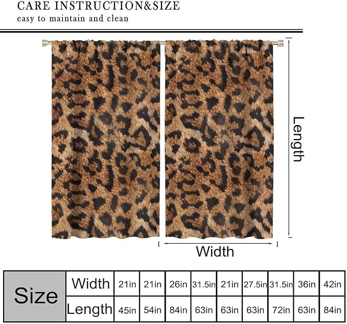 Leopard Print Window Curtains, Animal Fur Skin Brown Farmhouse Wild 3D Rustic Safari Theme Window Treatments for Kids Bedroom Living Room 72" W X 63" L