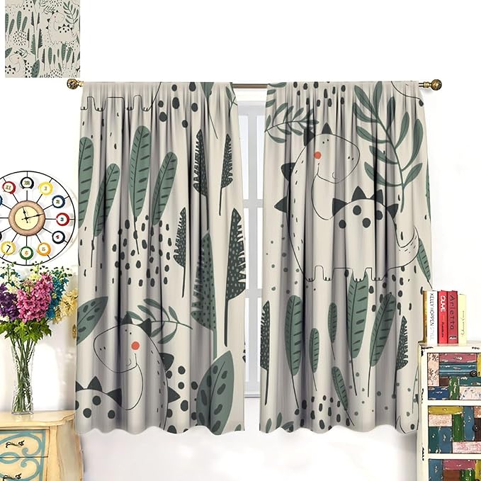 Funny Dinosaur Curtains, Jungle Cute Cartoon Animals Tropical Leaves Plant Beige Green Print Blackout Window Treatments for Kids Boys Girls Bedroom Living Room 72x63in
