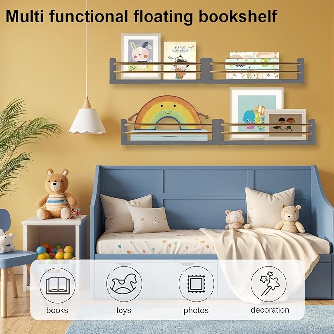 Nursery Wall Bookshelves 4-Pack, Floating Shelves for Kids Room Décor, Baby & Toddler Book Shelf Organizer, Solid Wood Wall-Mounted Rack for Books, Toys & Nursery Storage