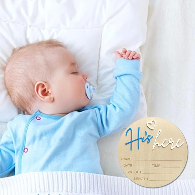 Baby Announcement Sign, 5.9 Inch Wooden Hello World Newborn Signs, Birth Announcement Sign, Gender Reveal Signs, He's here Decoration, Welcome Newborn Arrival To World, Hospital Nursery for Baby (Dark blue He's)