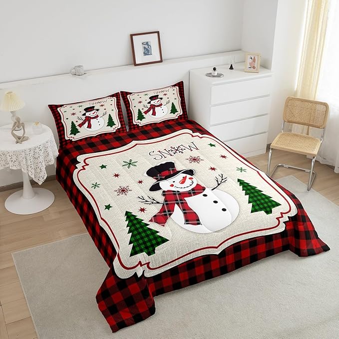 Manfei Cute Snowman Comforter Set Twin Size, Xmas Trees Snowflake Down Comforter with 1 Pillowcase, Christmas Theme Red Plaid Bedding Set 2pcs for Kids Girls Room Decor New Year Duvet Insert