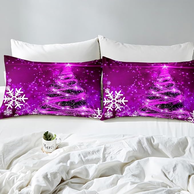 Manfei Purple Xmas Tree Duvet Cover Set Twin Size, White Snowflake Print Comforter Cover with 1 Pillowcase, New Year Theme Bedding Set 2pcs for Kids Boys Girls Bedroom Decor,No Comforter