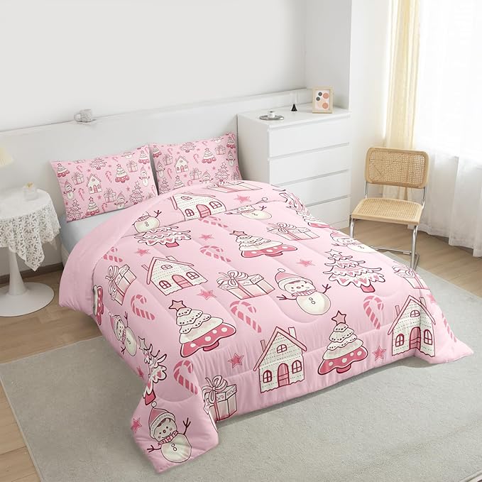 Feelyou Pink Christmas Comforter Set Queen Size Xmas Tree Snowman Bedding Set for Kids Boys Girls Star Gift Duvet Quilt Candy Cane Bedroom Decor Microfiber 3 Pcs with 2 Pillow Cases
