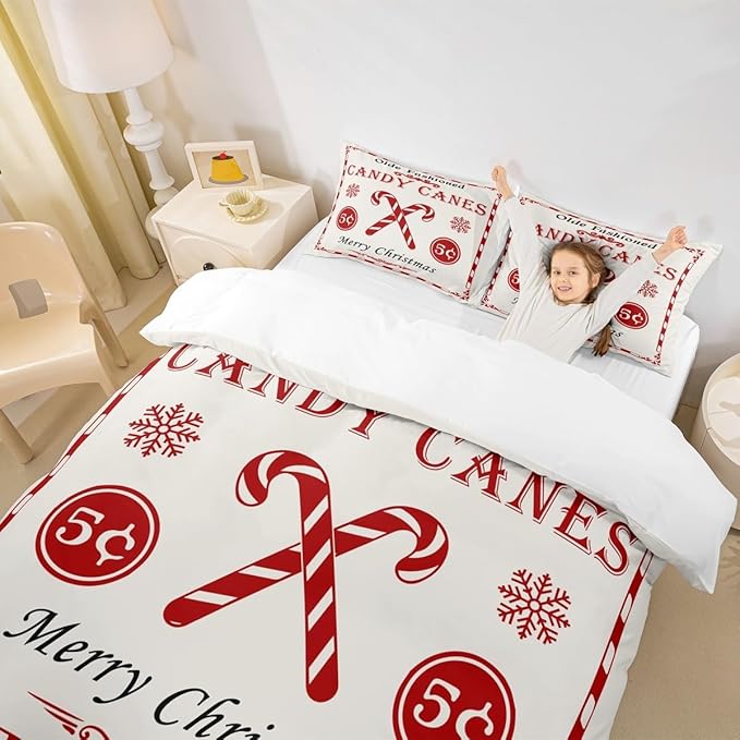 jejeloiu Christmas Bedding Set for Kids Boys Girls Christmas Quote Comforter Cover Set Queen Size Candy Canes Print Duvet Cover Bedroom Decor Xmas White Bedspread Cover Bedding Collection 3Pcs