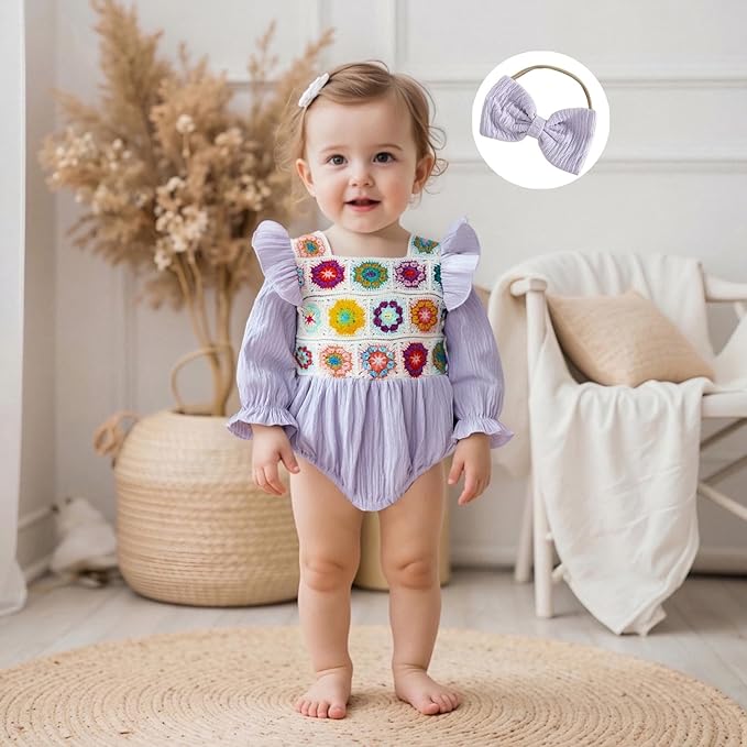 Gaono Newborn Baby Girl Smocked Bubble Romper Cute Boho Summer Clothes Ruffle Sleeveless Crochet Flower Vintage Bodysuit