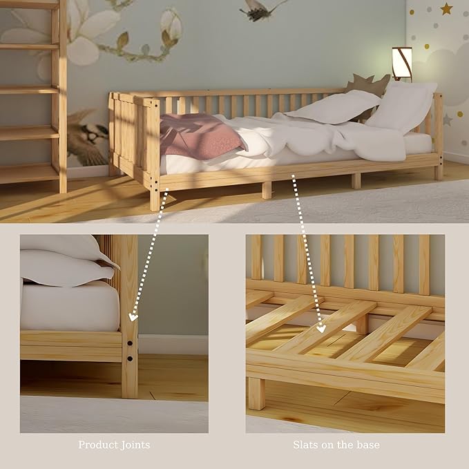 Montessori Floor Bed Designed with Open Front and Footed Model for Girls and Boys | Pine Wood Natural Solid Frame Beds with Slats | Sturdy Designed Floor Bed Frame for Kids (King, Height : 23 Inches)