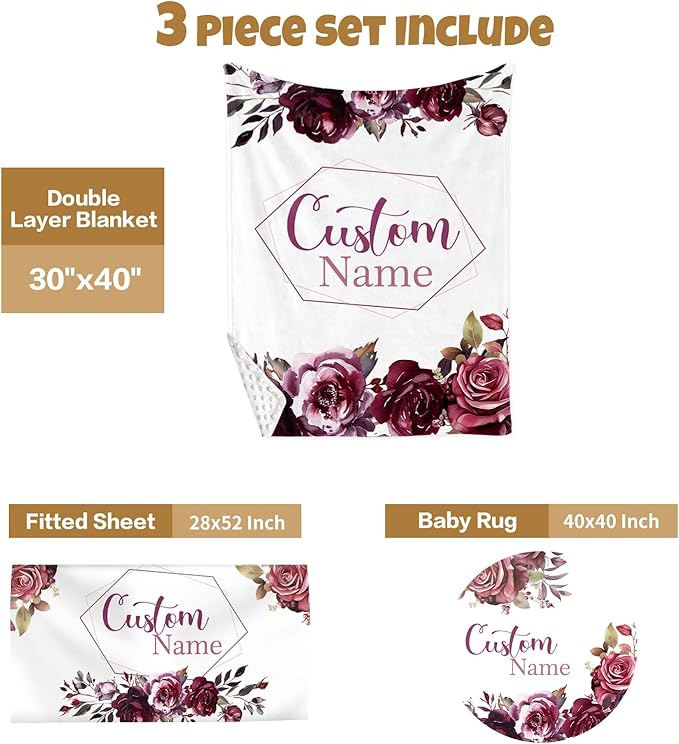 Custom Baby Crib Bedding Set, 3 Pcs Personalized Nursery Bedding Set with Name, Soft Baby Bedding Crib Sets with Blanket - Toddler Crib Sets for Girls Boys, Infant Newborn Gifts, Red Rose