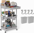 3 Tier Rolling Utility Cart with Drawer, Plastic Storage Organizer Rolling Carts with Wheels Handles Hanging Cups Hooks for Office, Bathroom, Kitchen,Craft Art Room (Grey)