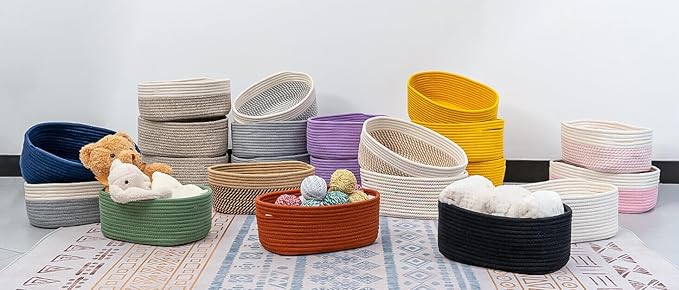 CubesLand Small Baskets, Storage Baskets for Organizing Shelves, Rectangular Woven Storage Basket Natural Cotton Rope Bins Closet Baby Nursery Empty Gifts Basket Off White/Mixed Gray