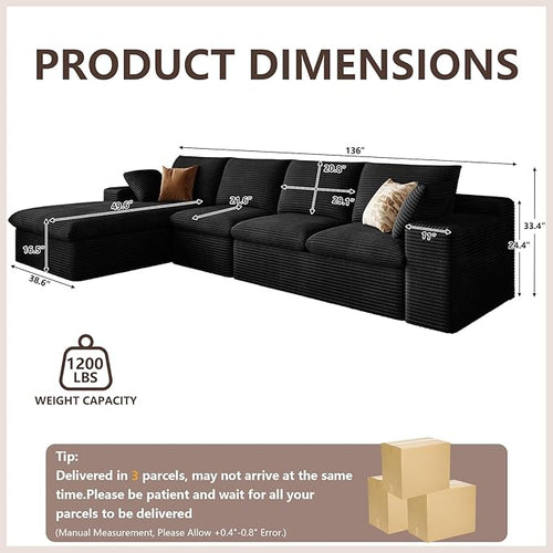 136 Inch Cloud Sectional Couch, Modern Modular Sectional Sofa with Deep Seat, Corduroy Boneless Couches with L-Shape Chaise for Living Room Bedroom, No Assembly Required (Black, Left Facing Chaise)