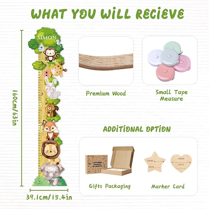 Personalized Name Growth Chart for Wall, Forest Animal Stack Wooden Height Chart, Boy Girls Height Chart Growth Measuring Ruler, Christmas Birthday Gift for Boys and Girls