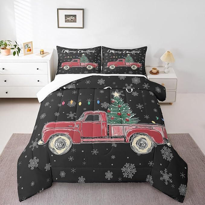 Castle Fairy Merry Christmas Theme Kids Comforter Set Queen,Xmas Tree Red Truck Snowflake Watercolor Graffiti Print Bedding Set for Men Women Adults Bedrrom Decor,Farmhouse Vintage Rustic Quilt 3 Pcs