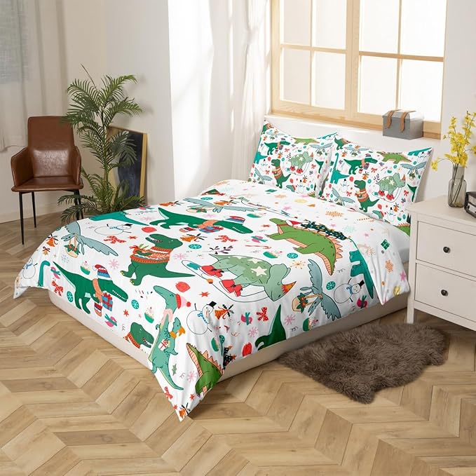Feelyou Christmas Dinosaur Decorative Comforter Cover Twin Size Cartoon Snowman Duvet Cover Xmas Bow Snowflake Bedding Set Gifts for Kids Boys Girls 1 Pillow Case