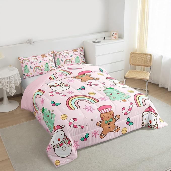 Feelyou Christmas Kids Comforter Set King Size Merry Christmas Tree and Snowman Bedding Set Gingerbread Man Duvet Quilt for Kids Boys Girls Bedroom Rainbow Print Decor Snowflake Ultra Soft Breathable