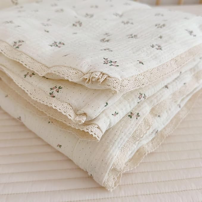 BuLuTu Pink Flower Toddler Blanket Double Layers Cotton Muslin Quilted Blanket Toddler Girls Boys Comforter (No Pillow) Kids Room Decor, Primrose Pattern, 47"x59"