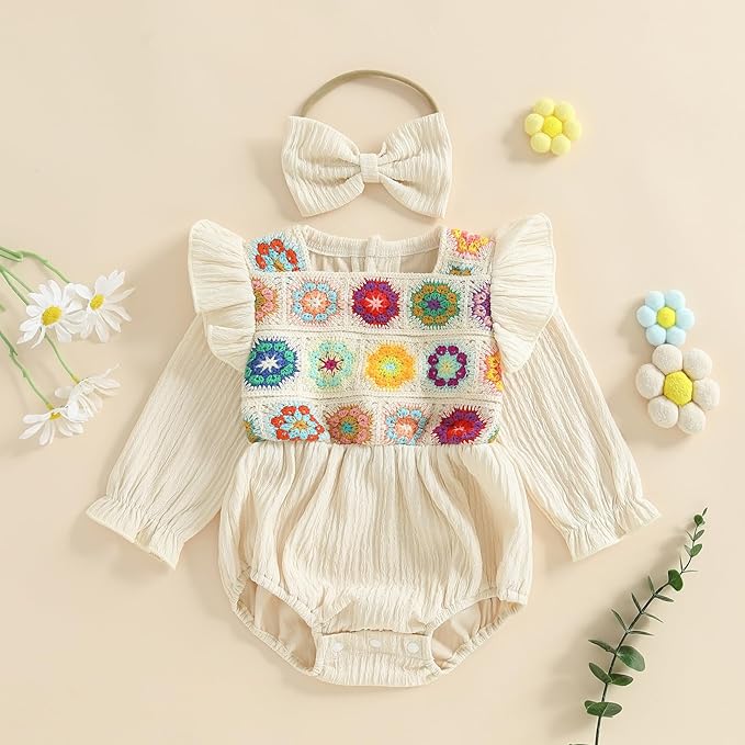 Gaono Newborn Baby Girl Smocked Bubble Romper Cute Boho Summer Clothes Ruffle Sleeveless Crochet Flower Vintage Bodysuit