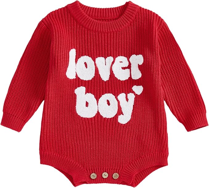 Lesimsam Newborn Baby Boy Girl Valentines Day Outfit Oversized Embroidery Long Sleeve Knit Sweater Bubble Romper Bodysuit
