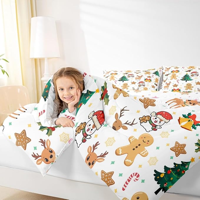 Feelyou Merry Christmas Comforter Set All Season Gingerbread Man Bedding Set with 1 Pillow Cases Cute Deer Microfiber Kids Twin Bedclothes Christmas Tree Duvet Quilt Breathable Soft Lightweight