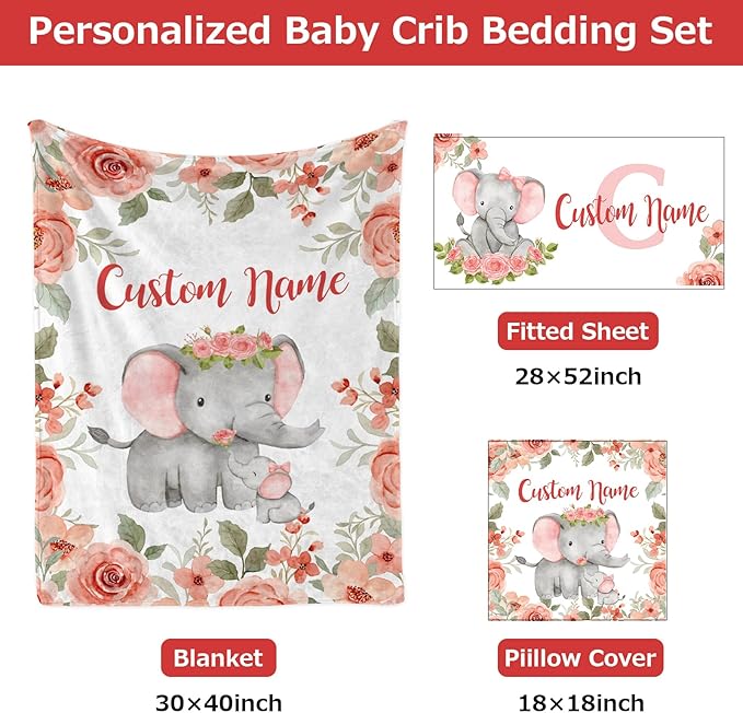 Personalized Baby Crib Bedding Set,3 Piece Custom Name Nursery Set with Blanket, Fitted Sheet & Pillowcase for Baby Girls & Boys, Elephant Floral Theme(Fixed Size)