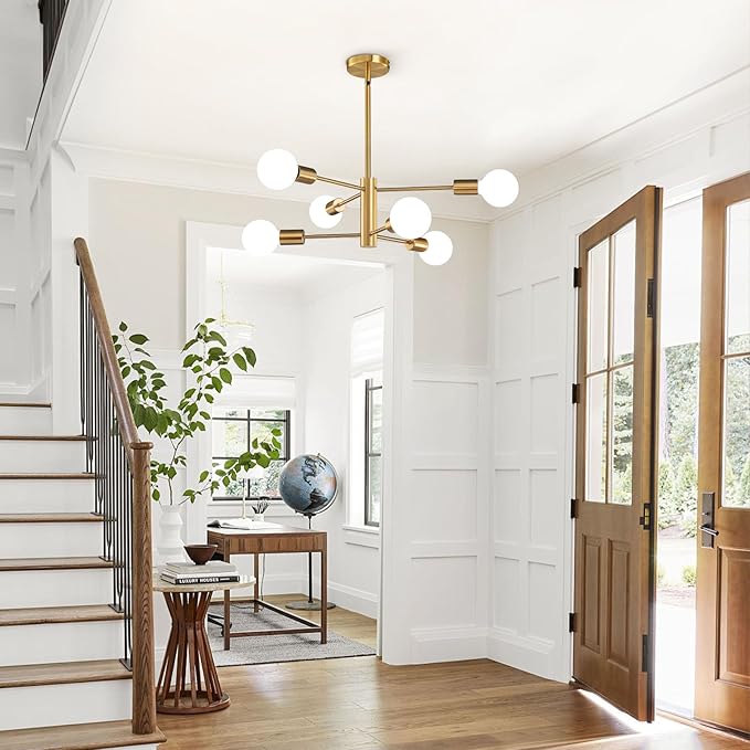 Modern Sputnik Chandeliers Light, 6-Light Gold Dining Room Chandelier Over Table, E26 Mid Century Ceiling Light Fixtures Height Adjustable Hanging Pendant Lighting for Entryway Foyer