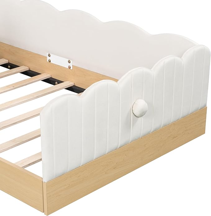 Lovely Twin Size Upholstered Platform Bed with 2 Soft Pillows and Storage Bags, Princess Bed Frame with Cute Rabbit Ear Shaped Headboard and Guardrails for Bedroom, No Box Spring Required (Beige-X52)