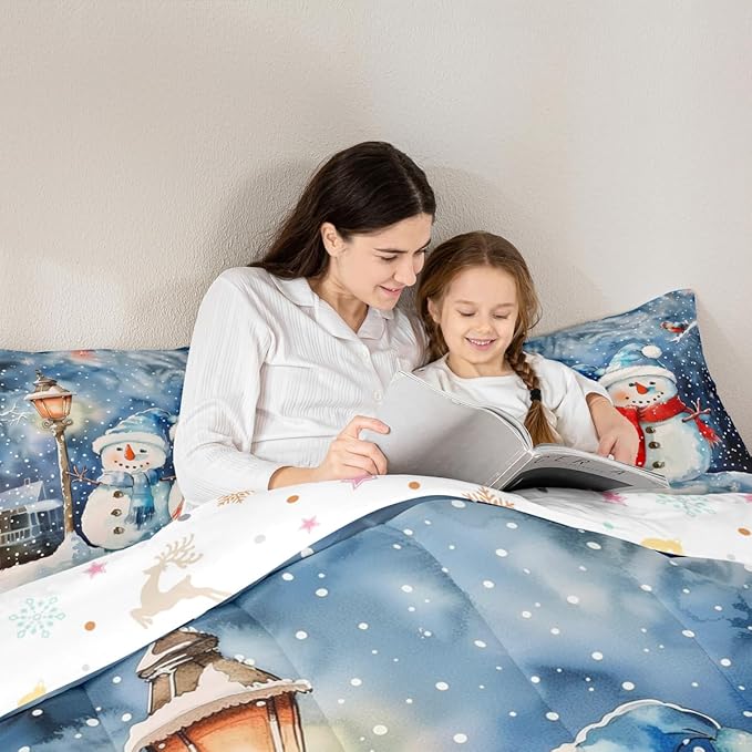 Feelyou Christmas Kids Comforter Set King Size Blue Watercolor Snowman Bedding Set Xmas Winter Duvet Quilt for Kids Boys Girls Bedroom Snowflake Decor Microfiber Ultra Soft Breathable