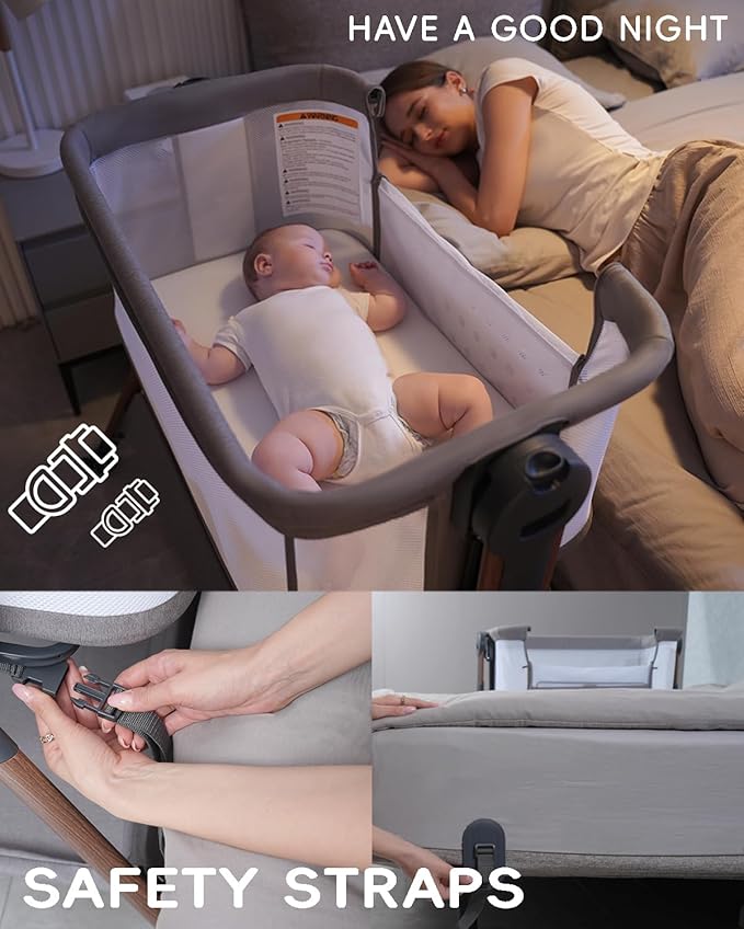 Baby Bassinet - Bassinet Bedside Sleeper,3-in-1 Bedside Bassinets for Baby,Rocking Bassinet with Mattress,Wheels,All Mesh Sides& Storage,6 Height Adjustable Crib,ASTM Certified(Mesh Grey)