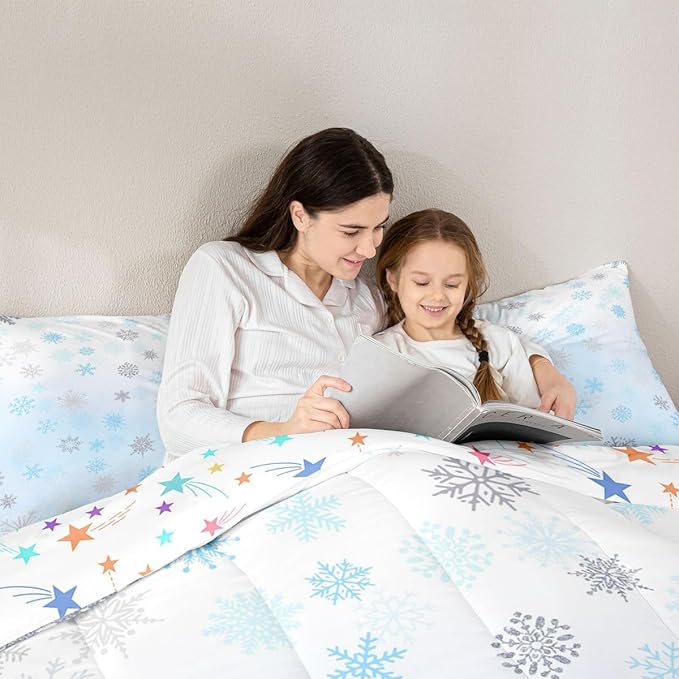 Feelyou Glitter Snowflake Comforter Set Queen Size, Blue Snowflake Comforter Kids Toddler Ombre Bedding Set Winter Theme Duvet Set Microfiber Bed Set