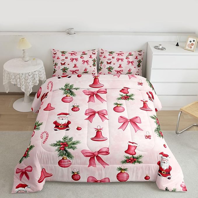 Feelyou Santa Claus Bedding Set Soft for Boys Girls, Pink Bow Comforter Set Full Size Christmas Ornament Duvet Quilt Microfiber Candy Cane Bedroom Decor Holly Berry 3 Pcs with 2 Pillow Cases