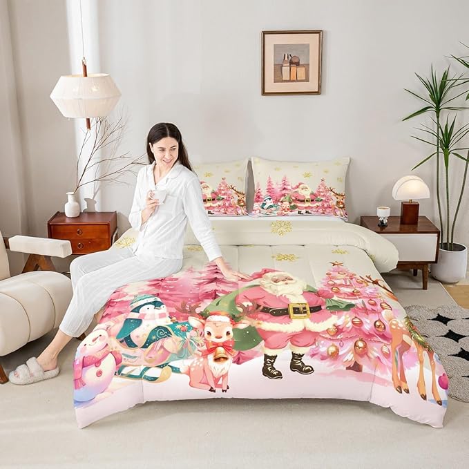 jejeloiu Merry Christmas Comforter Set Twin Size Santa Claus Bedding Set for Kids Boys Girls Cute Deer Duvet Quilt Beige Bedroom Decor