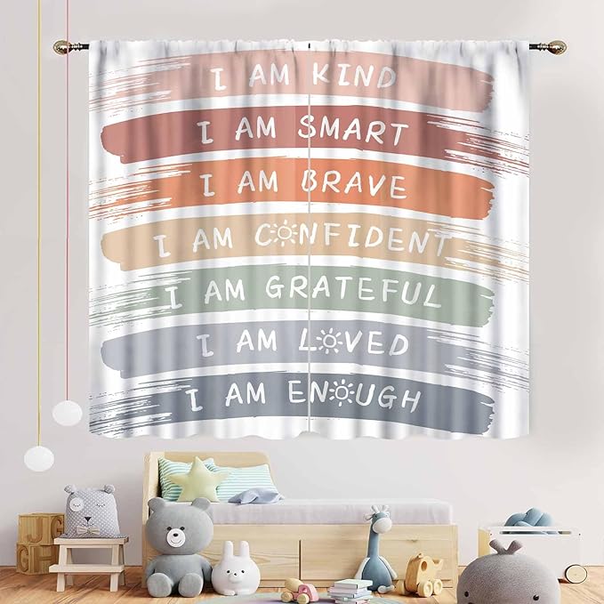 Rainbow Curtains for Classroom, Kids Girls Baby Boho Cute Inspirational Motivational Quotes Cartoon Colorful Pastel Nursery Classroom Bedroom Living Room Bathroom Window Drapes 2 Panels, 42"x54" Inch