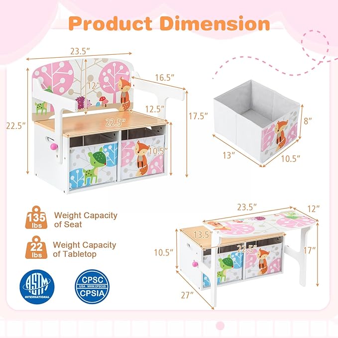 HONEY JOY Kids Table and Chair Set, 3-in-1 Convertible Wooden Toy Storage Bench with Handle, 2 Bins for Kids Reading Nook, Toddler Table and Chair Set for Daycare Playroom Classroom (White)