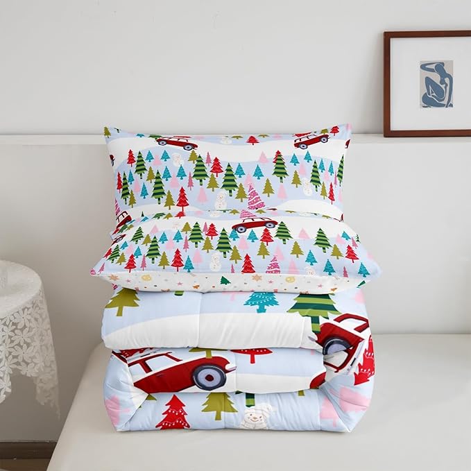 Feelyou Christmas Trees Bedding Set for Kids Boys Girls Full Size Christmas Truck Comforter Set Ultra Soft Winter Snowman Comforter Xmas Duvet Quilt Bedroom Decor Christmas Ornaments Quilt