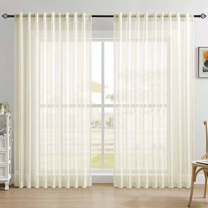 Dreaming Casa Ivory Sheer Curtains 84 Inches Long, Rod Pocket & Back Tab Light Filtering Textured Sheers for Living Room Bedroom, 2 Panels, Each 100" W x 84" L