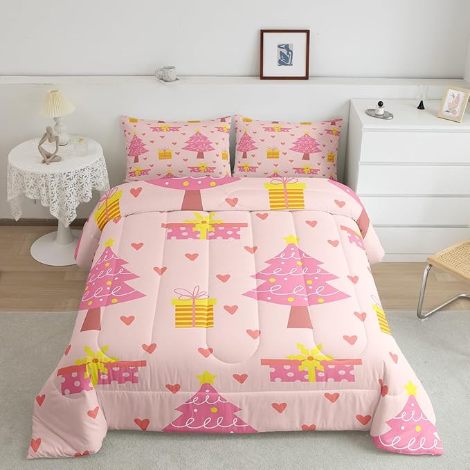 Erosebridal Merry Xmas Quilts Toddler Size Pink Christmas Tree Comforter Set Reversible Cartoon Style Bedding Set Happy New Year Duvet Insert for Boys Kids Bedroom Decor with 1 Pillow Case