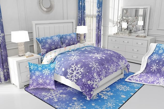 Feelyou Blue and Purple Snowflake Bedding Set Soft for Boys Girls, Winter Snowflake Comforter Set Twin Size Christmas Duvet Quilt Microfiber Holiday New Year Bedroom Decor 2 Pcs with 1 Pillow Cases