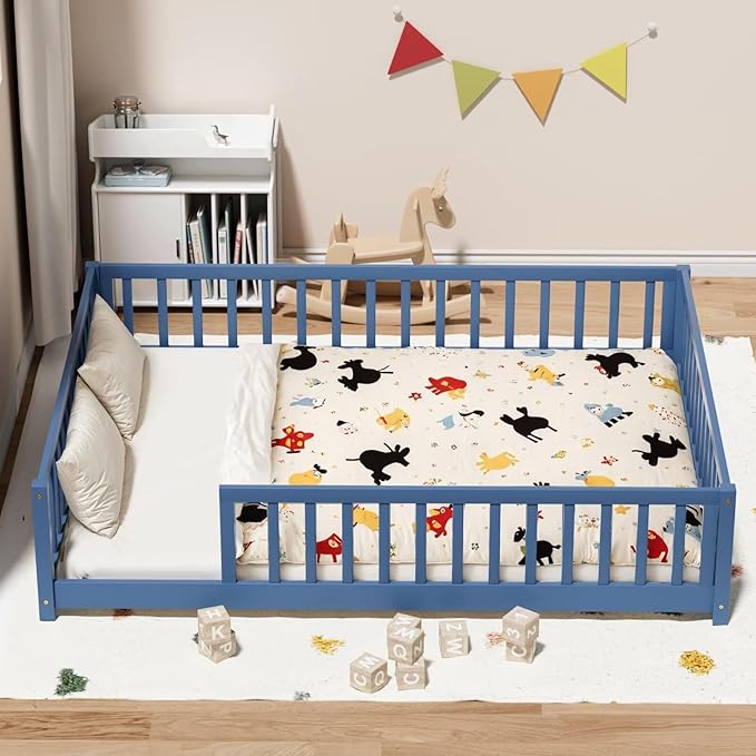 LLS Full Floor Bed for Kids Toddlers, Solid Wood Multifunctional Montessori Bed Frame with Safety Guardrails, Without Door, Easy Assemble, Mist Blue