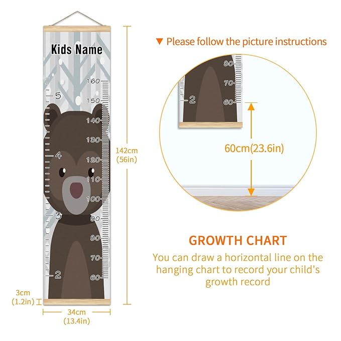 Personalized Kids Name Growth Chart Ruler for Wall Wood Frame Height Measure Chart 13.4x56 in Linen Hanging Height Growth Chart Lovely Bear Before Forest Kids Room Decor