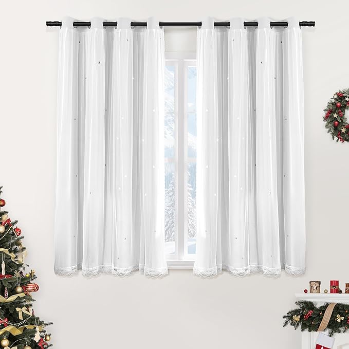 XiDi White Curtains with Sheer Overlay for Girls Bedroom 80% Blackout Double Layer Curtains for Nursery Kids Room Star Drapes with Tiebacks Room Darkening Grommet Window Treatment 2 Panels W34 X L63