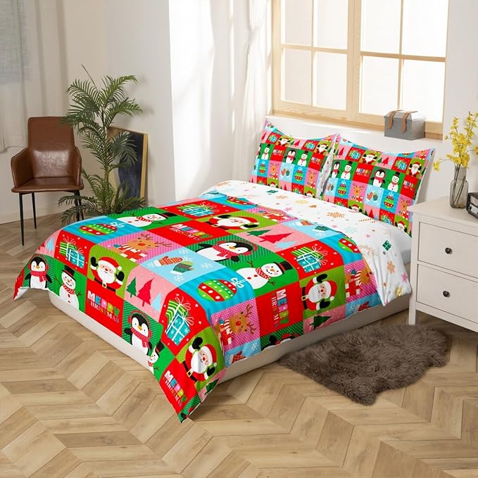 Christmas Bedding Set for Kids Boys Girls Santa Claus Christmas Tree Comforter Cover Set Colorful Geometric Grid Duvet Cover Bedroom Decor Xmas Theme Bedspread Cover Full Size Bedding Collection 3Pcs