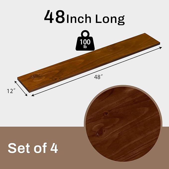 12x48 Inch Rustic Wood Floating Shelves 4-Pack - Farmhouse Walnut Wall Shelves with 100 lbs Capacity, Easy Installation for Living Room, Kitchen, Bathroom (Walnut, 4T48IN)